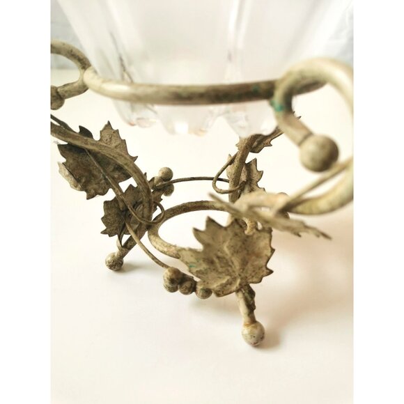 Vintage Mid-Century Glass Flower-Flared Bowl on Decorative Metal Vine/Leaf Stand - Picture 2 of 8